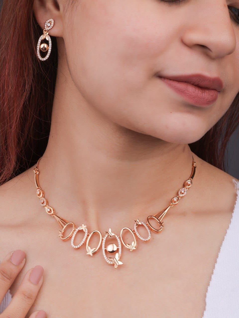 Oval Design CZ Studded Rose Gold Necklace