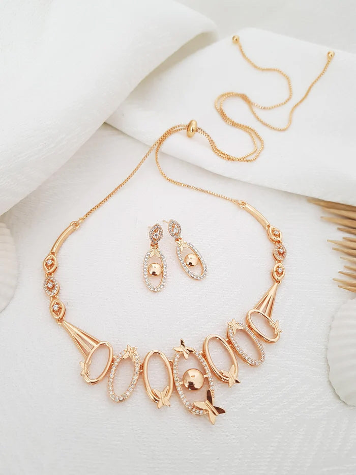 Oval Design CZ Studded Rose Gold Necklace