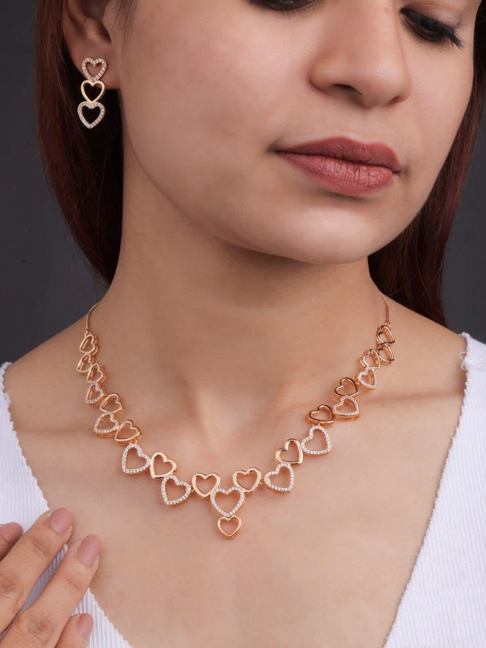 Gold Tone Diamonds Heart Shape Contemporary Necklace