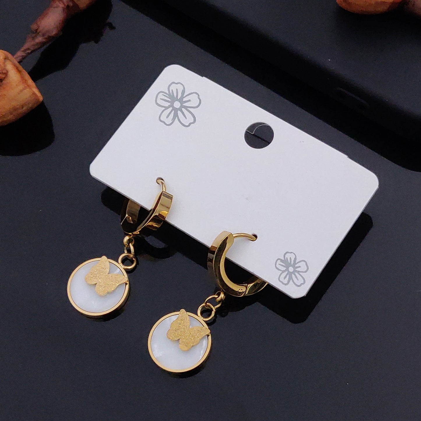 Gold Butterfly With Round Plated Disc Earring