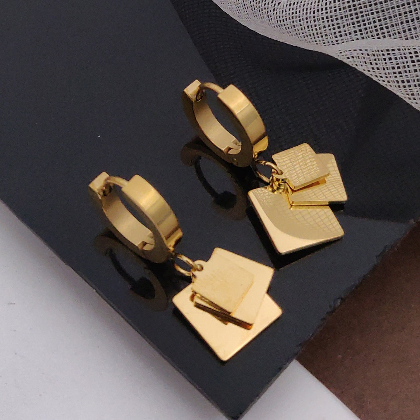 Plated Carved Hanging Square Earrings